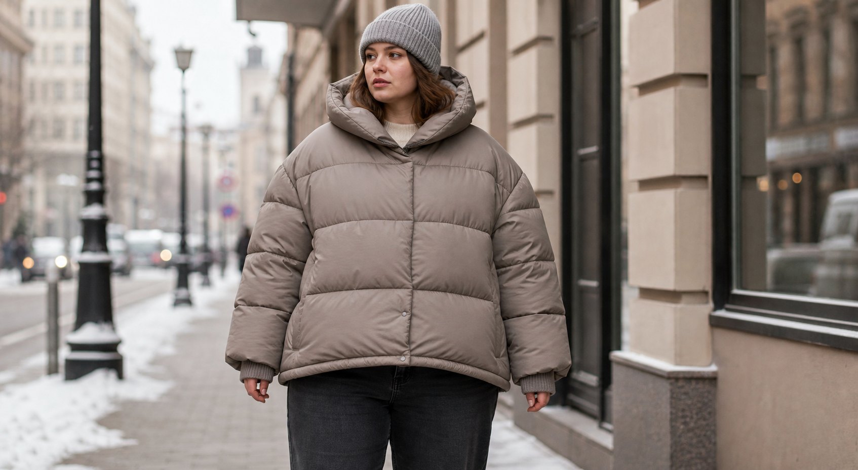 Слишком объёмный пуховик, который визуально утяжеляет силуэт