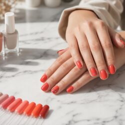 Яркий маникюр кораллового цвета с аккуратным синим акцентом на коротких ногтях